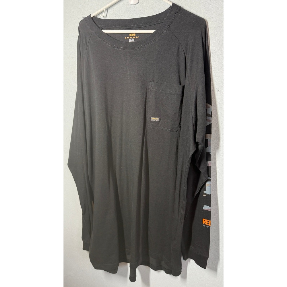 Ariat Mens Cotton T-Shirt 2XL Tall Black Rebar Long Sleeve Pocket Camo Logo